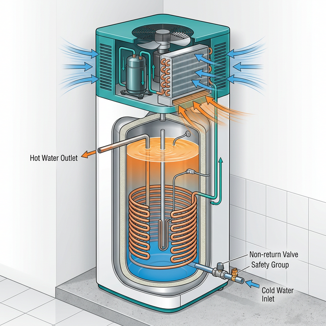 Fonctionnement interne d'un chauffe-eau thermodynamique : compresseur, évaporateur et échangeur