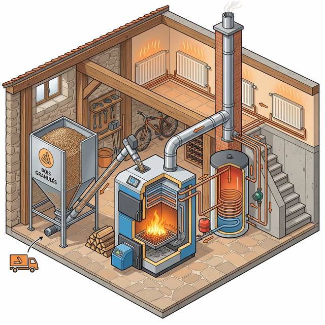 Installation complète d'une chaudière à granulés avec silo, ballon tampon et distribution radiateurs