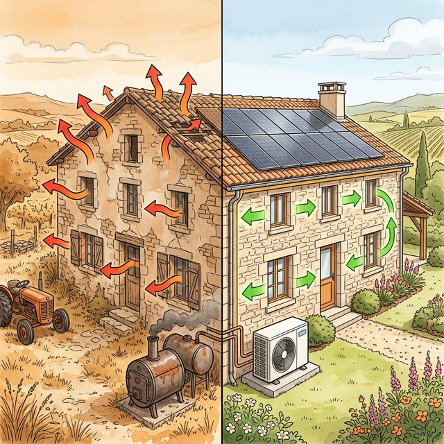 Comparaison avant/après : maison ancienne mal isolée vs rénovée avec pompe à chaleur et panneaux solaires