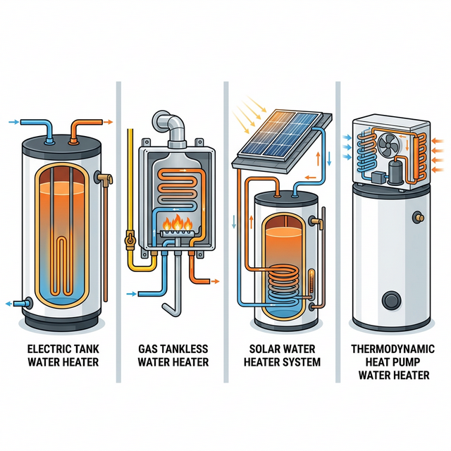 Les 4 types de chauffe-eau : cumulus électrique, instantané gaz, solaire CESI, thermodynamique CET