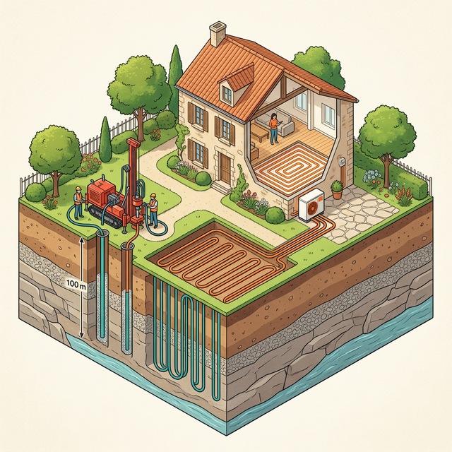 Schéma isométrique d'une installation géothermique avec forage vertical et captage horizontal