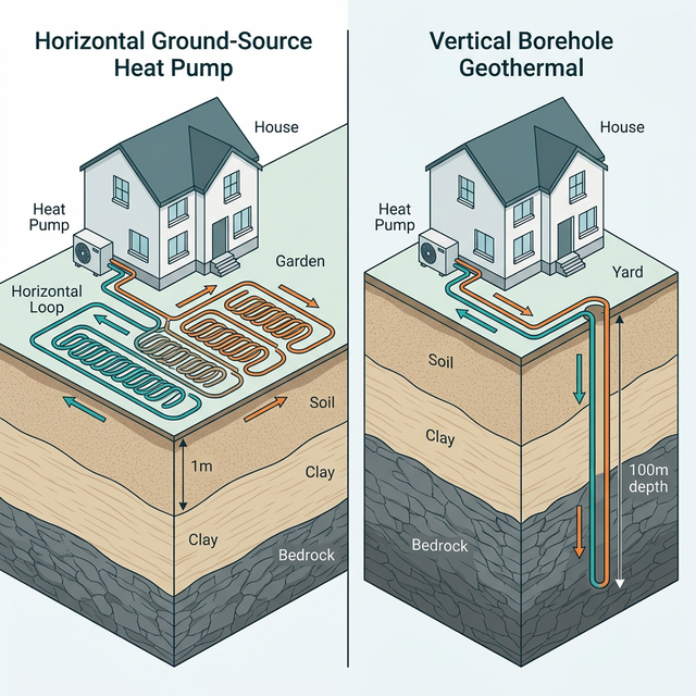 Schéma comparatif : captage horizontal (boucles à 1m) vs forage vertical (sonde à 100m)