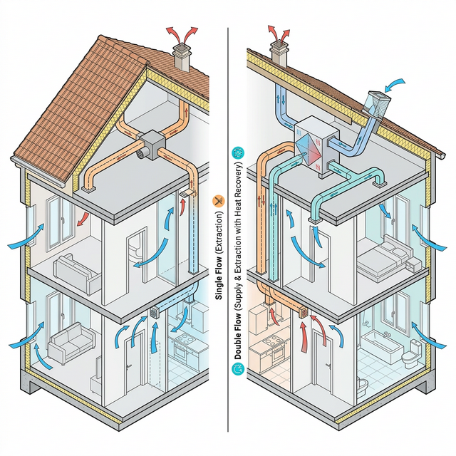 Comparaison VMC simple flux (extraction seule) et double flux (avec récupération de chaleur)